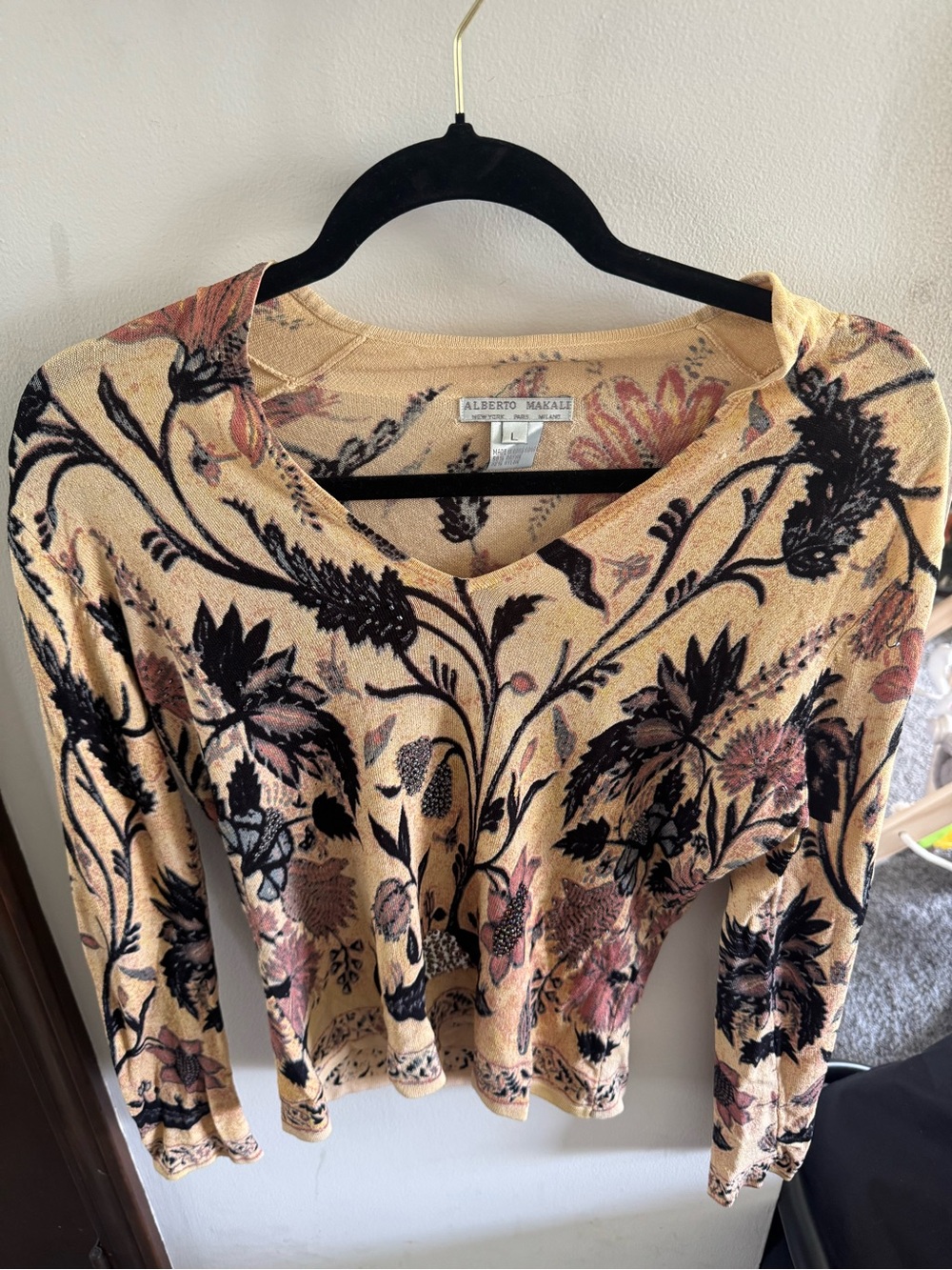 Alberto Makali Mustard Floral V-Neck Knit Top with Black & Pink Accents
